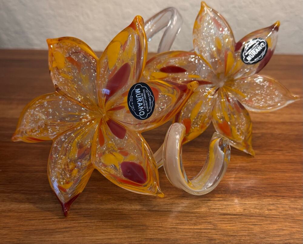 Vintage Pair Italian Murano-Style Art Glass Flower Sculptures Red Yellow
